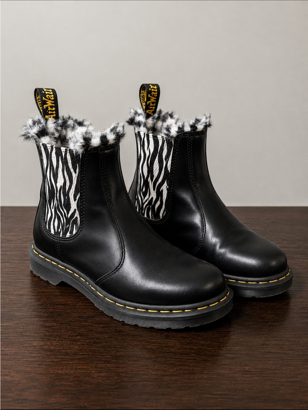 Dr. Martens Black Leather Chelsea Boots with Black & White Zebra Trim